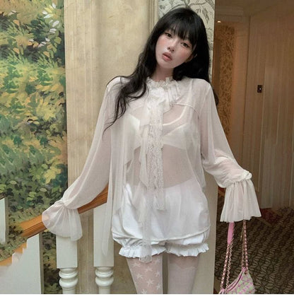 Mock-Neck Flared-Sleeve Lace-Trim Sheer Ruffle Blouse