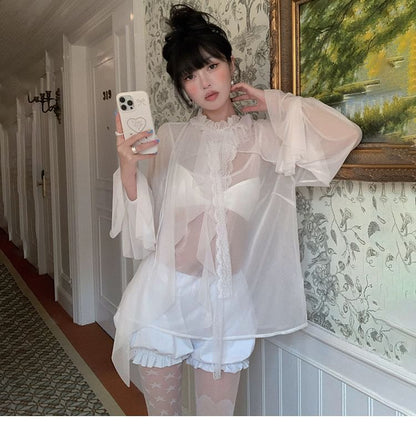 Mock-Neck Flared-Sleeve Lace-Trim Sheer Ruffle Blouse