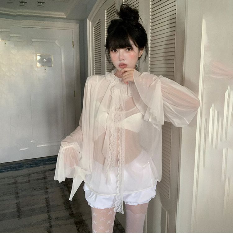 Mock-Neck Flared-Sleeve Lace-Trim Sheer Ruffle Blouse