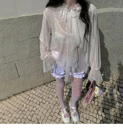 Mock-Neck Flared-Sleeve Lace-Trim Sheer Ruffle Blouse