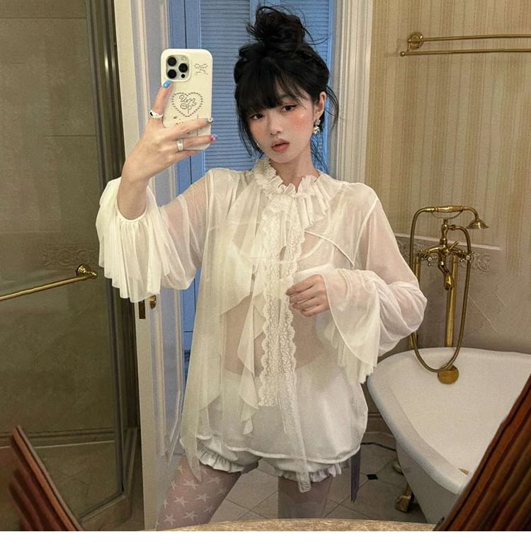 Mock-Neck Flared-Sleeve Lace-Trim Sheer Ruffle Blouse