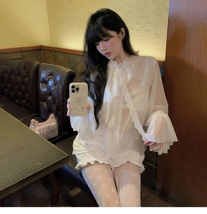 Mock-Neck Flared-Sleeve Lace-Trim Sheer Ruffle Blouse