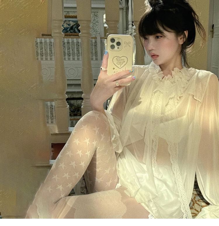 Mock-Neck Flared-Sleeve Lace-Trim Sheer Ruffle Blouse
