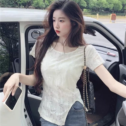 One-Shoulder Short-Sleeve Distressed Asymmetrical Solid Tee