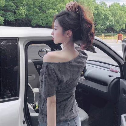 One-Shoulder Short-Sleeve Distressed Asymmetrical Solid Tee
