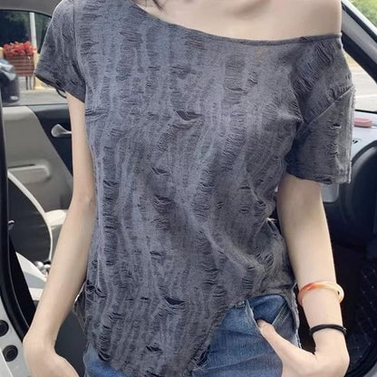 One-Shoulder Short-Sleeve Distressed Asymmetrical Solid Tee