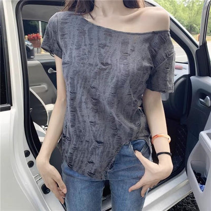One-Shoulder Short-Sleeve Distressed Asymmetrical Solid Tee