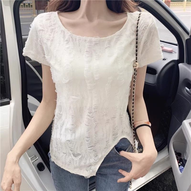 One-Shoulder Short-Sleeve Distressed Asymmetrical Solid Tee