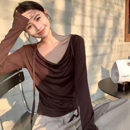Cowl-Neck Long-Sleeve Solid Knit Tee with Relaxed Fit
