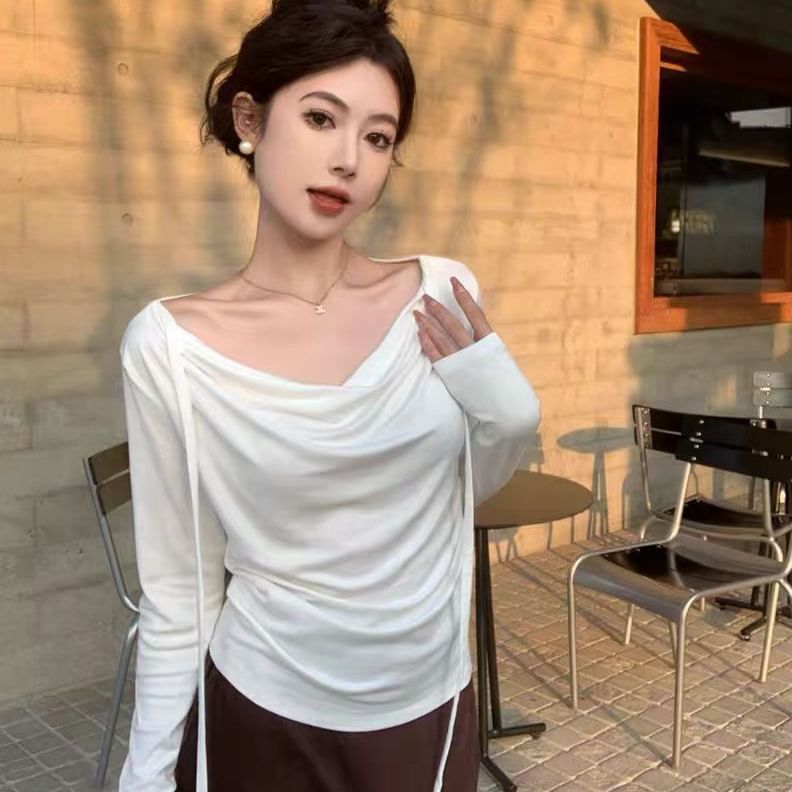 Cowl-Neck Long-Sleeve Solid Knit Tee with Relaxed Fit