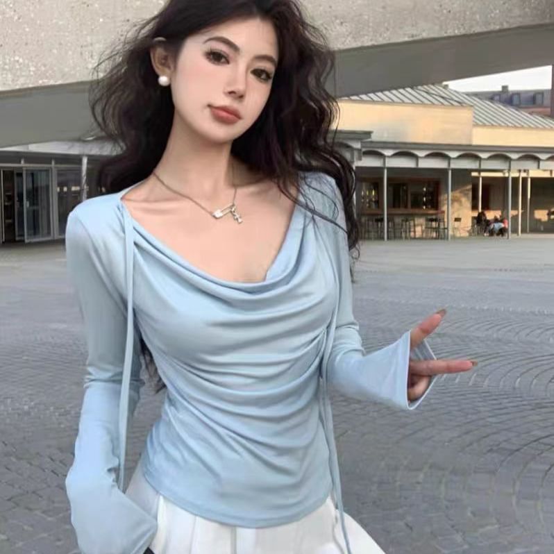 Cowl-Neck Long-Sleeve Solid Knit Tee with Relaxed Fit