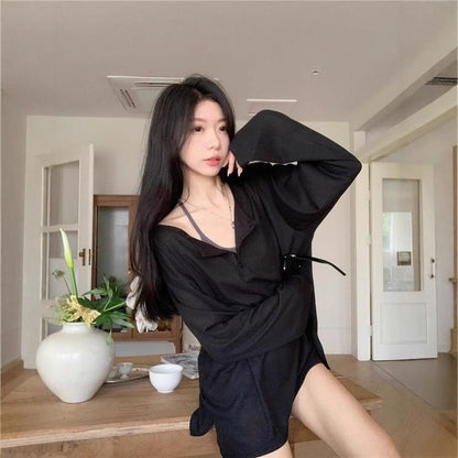 Oversized Basic Henley Tee with Extended Sleeves