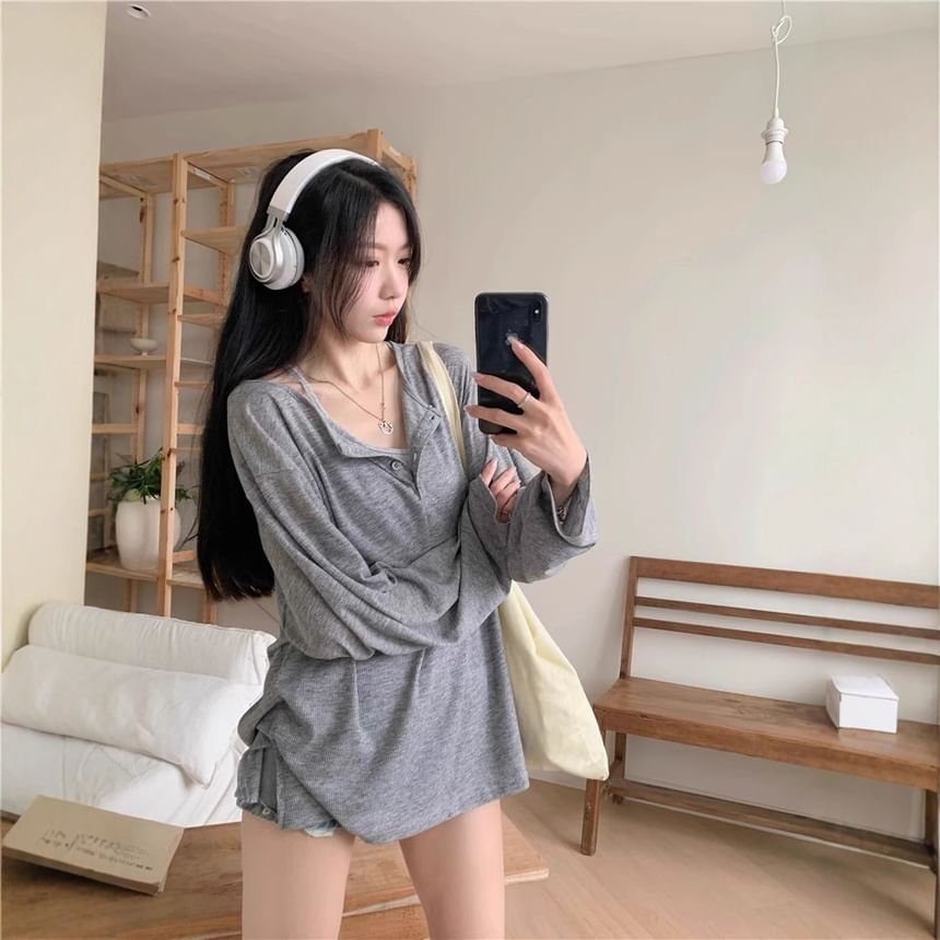 Oversized Basic Henley Tee with Extended Sleeves