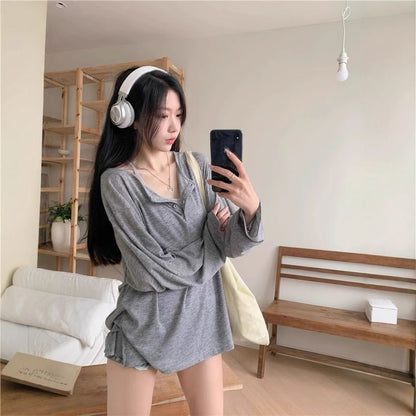 Oversized Basic Henley Tee with Extended Sleeves