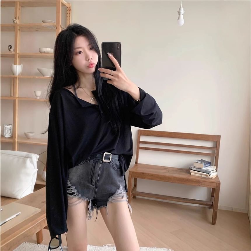 Oversized Basic Henley Tee with Extended Sleeves