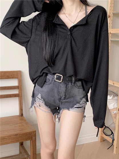 Oversized Basic Henley Tee with Extended Sleeves
