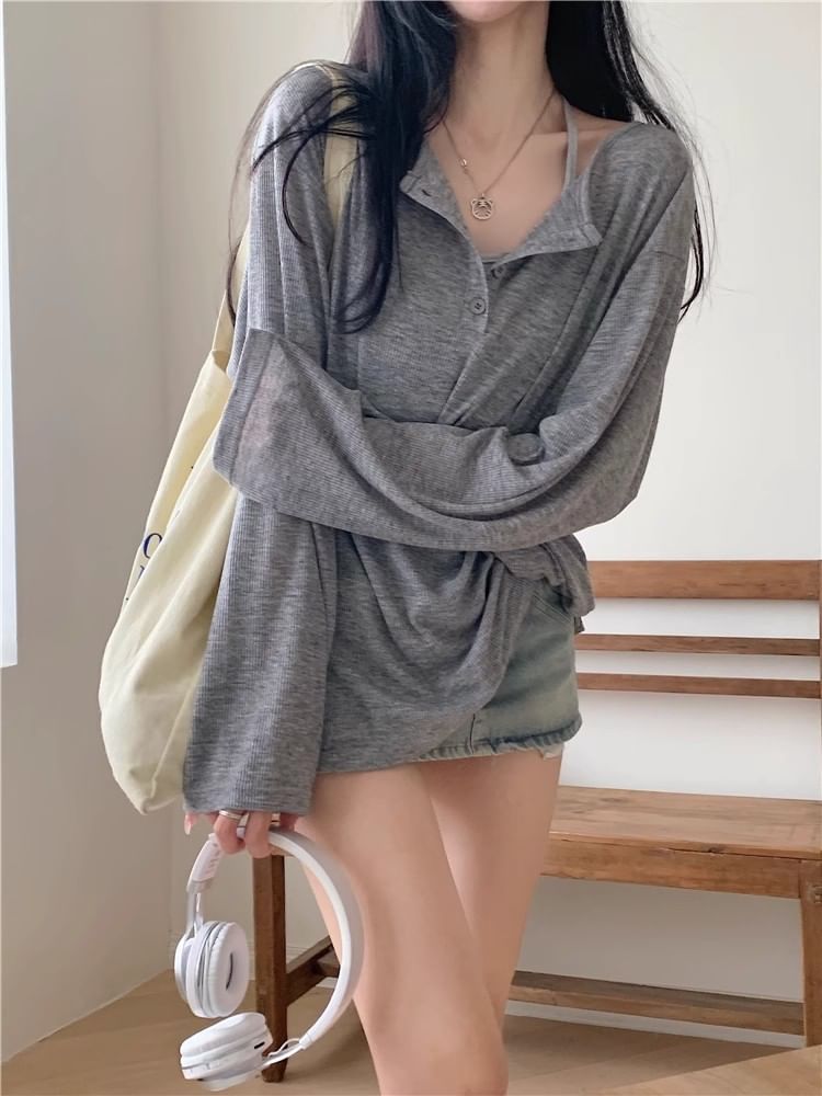 Oversized Basic Henley Tee with Extended Sleeves
