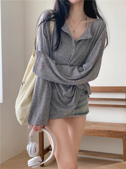 Oversized Basic Henley Tee with Extended Sleeves