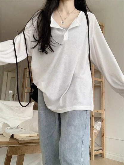 Oversized Basic Henley Tee with Extended Sleeves