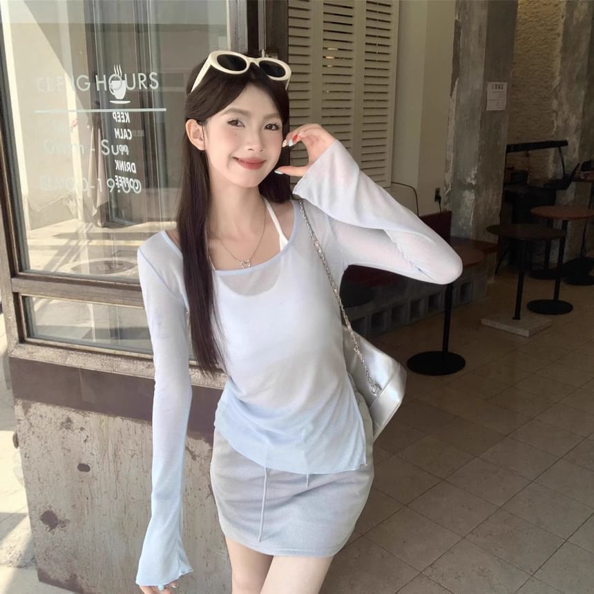 Sheer Asymmetric Tee with Scoop Neckline and Long Sleeves