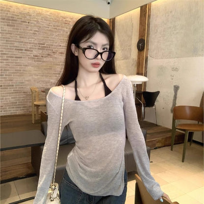 Sheer Asymmetric Tee with Scoop Neckline and Long Sleeves