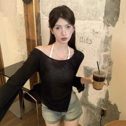 Sheer Asymmetric Tee with Scoop Neckline and Long Sleeves
