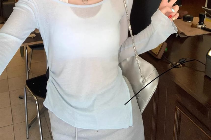 Sheer Asymmetric Tee with Scoop Neckline and Long Sleeves