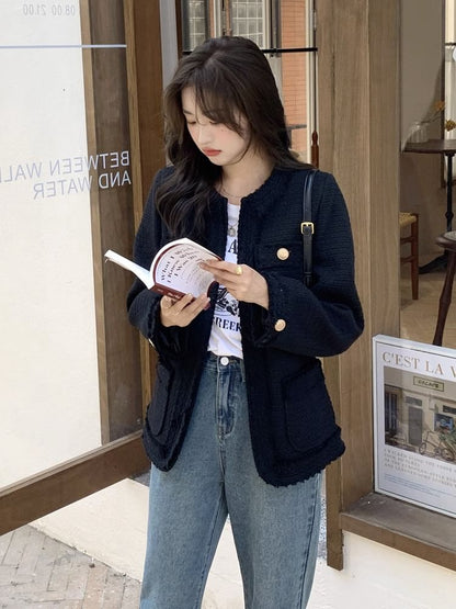 Crew Neck Plain Frayed Open Front Tweed Jacket