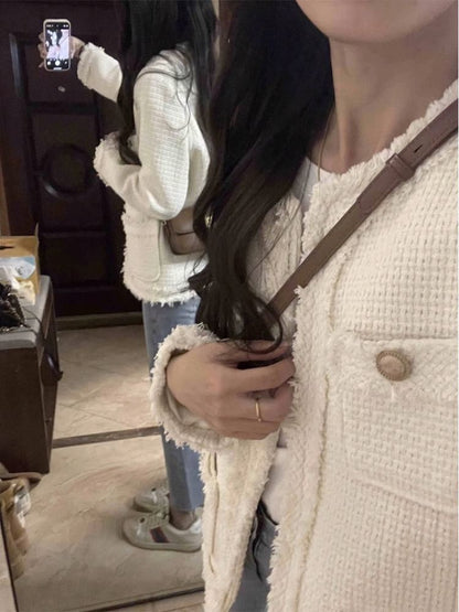 Crew Neck Plain Frayed Open Front Tweed Jacket