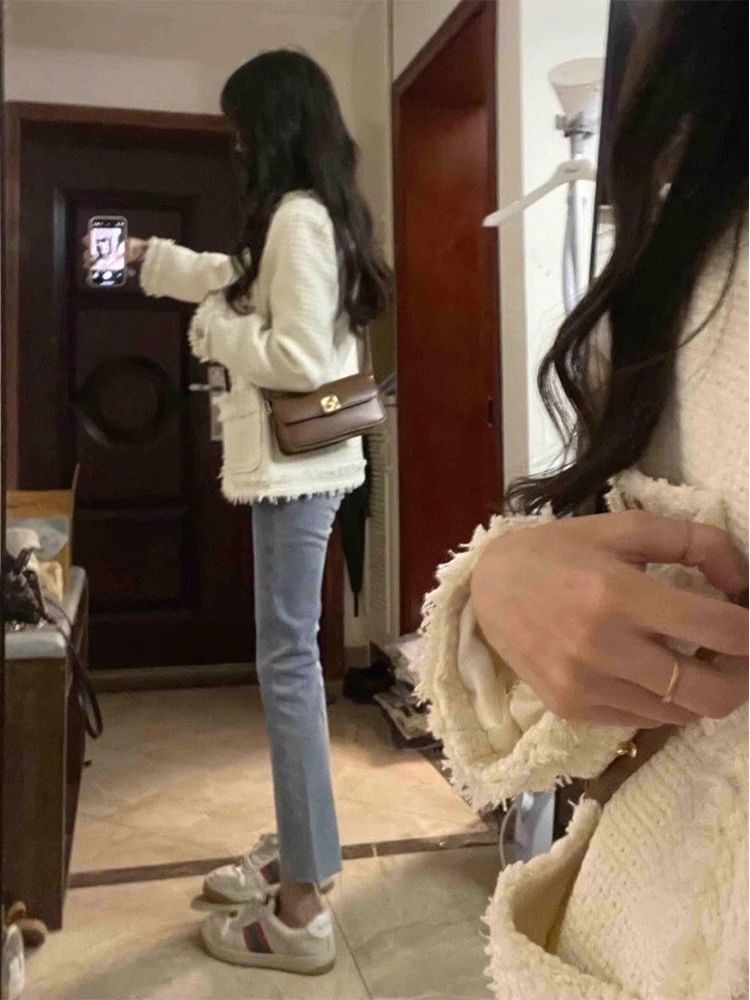 Crew Neck Plain Frayed Open Front Tweed Jacket