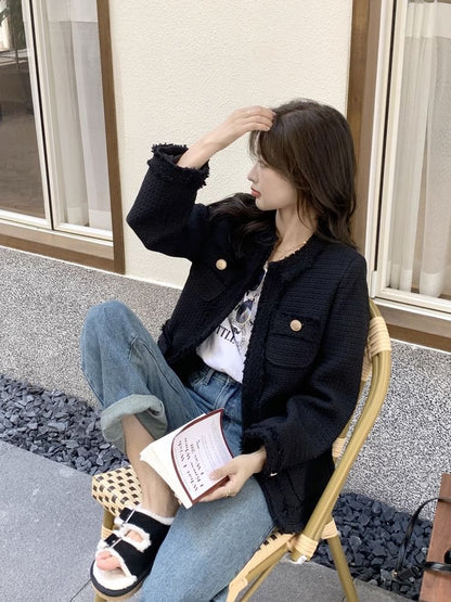 Crew Neck Plain Frayed Open Front Tweed Jacket