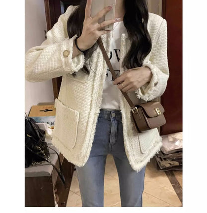 Crew Neck Plain Frayed Open Front Tweed Jacket
