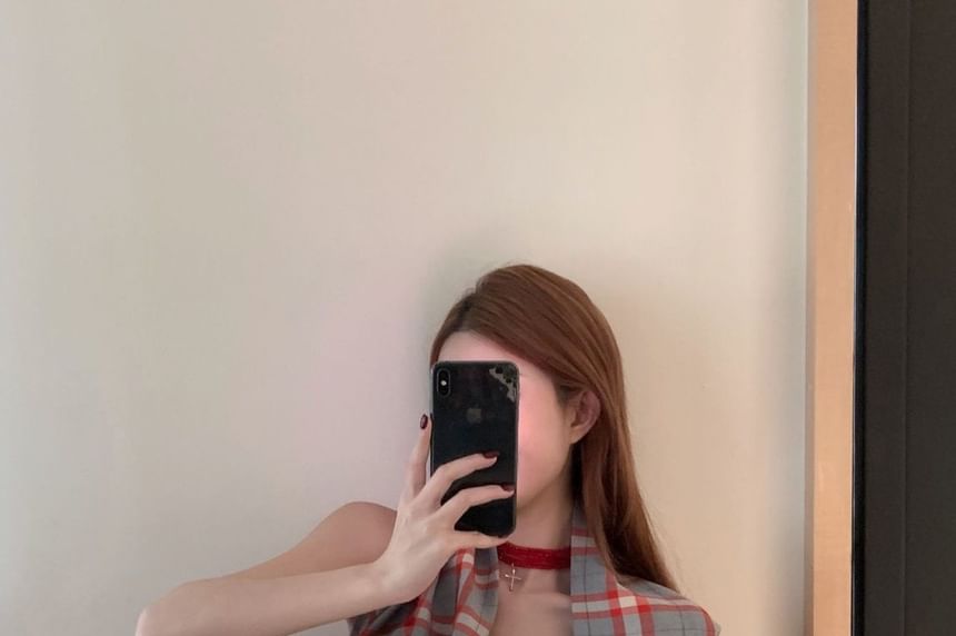 Plaid One-Shoulder Short-Sleeve Two-Way Panel Crop Tee