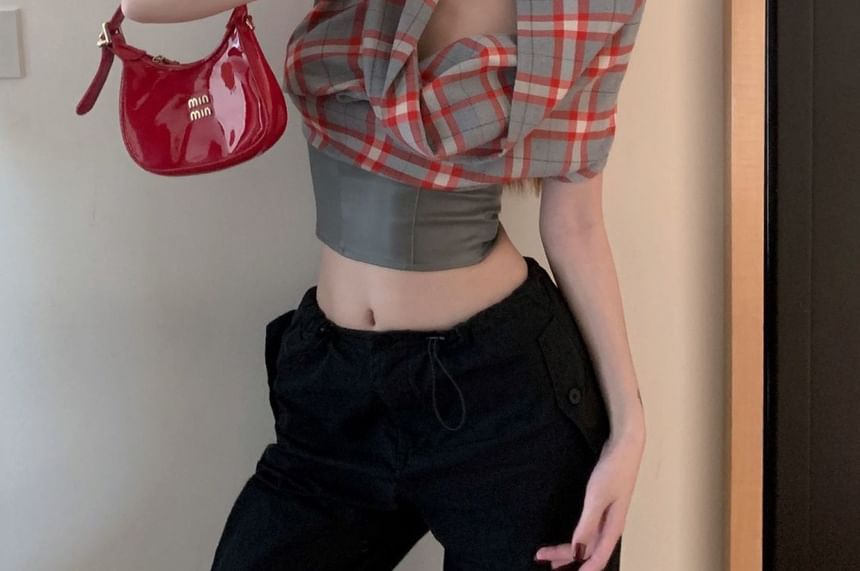 Plaid One-Shoulder Short-Sleeve Two-Way Panel Crop Tee