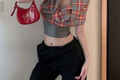 Plaid One-Shoulder Short-Sleeve Two-Way Panel Crop Tee