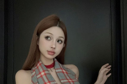 Plaid One-Shoulder Short-Sleeve Two-Way Panel Crop Tee