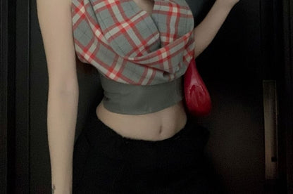 Plaid One-Shoulder Short-Sleeve Two-Way Panel Crop Tee