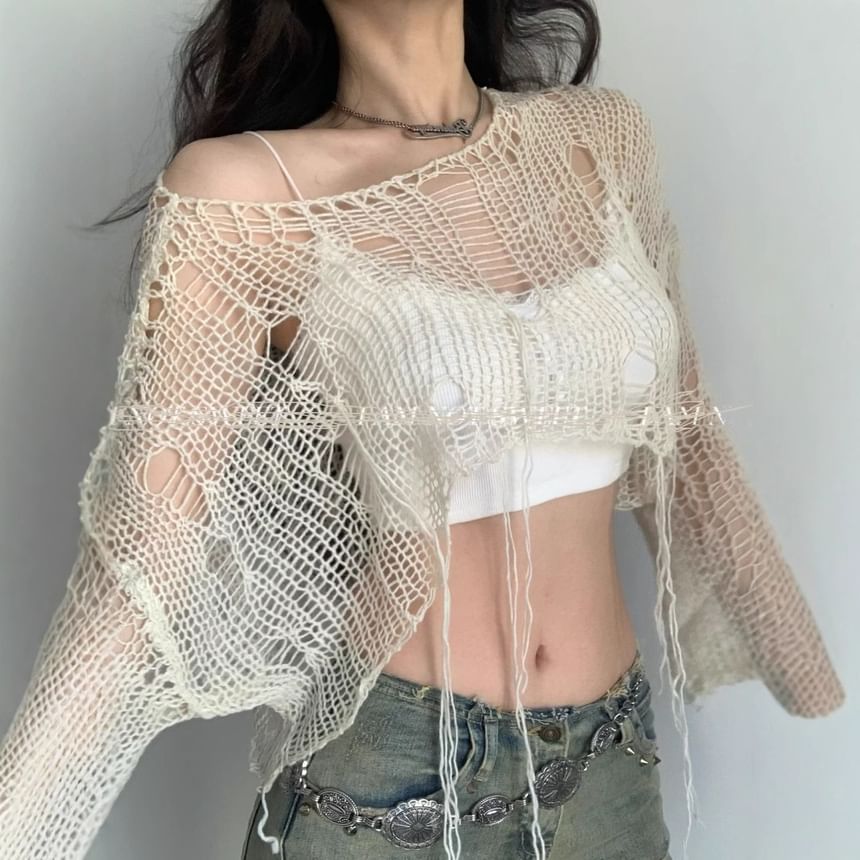 Distressed Knit Crop Top with One-Shoulder Sleeve