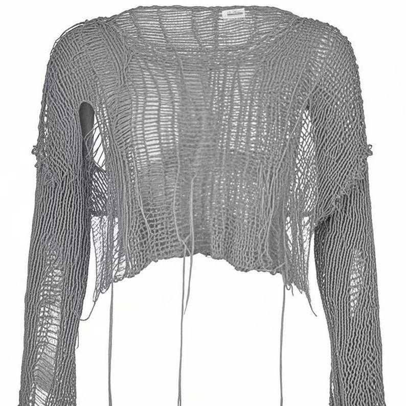 Distressed Knit Crop Top with One-Shoulder Sleeve