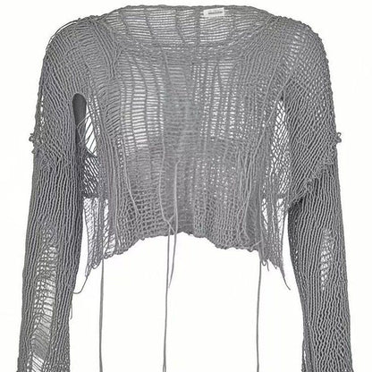 Distressed Knit Crop Top with One-Shoulder Sleeve