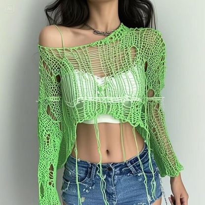 Distressed Knit Crop Top with One-Shoulder Sleeve