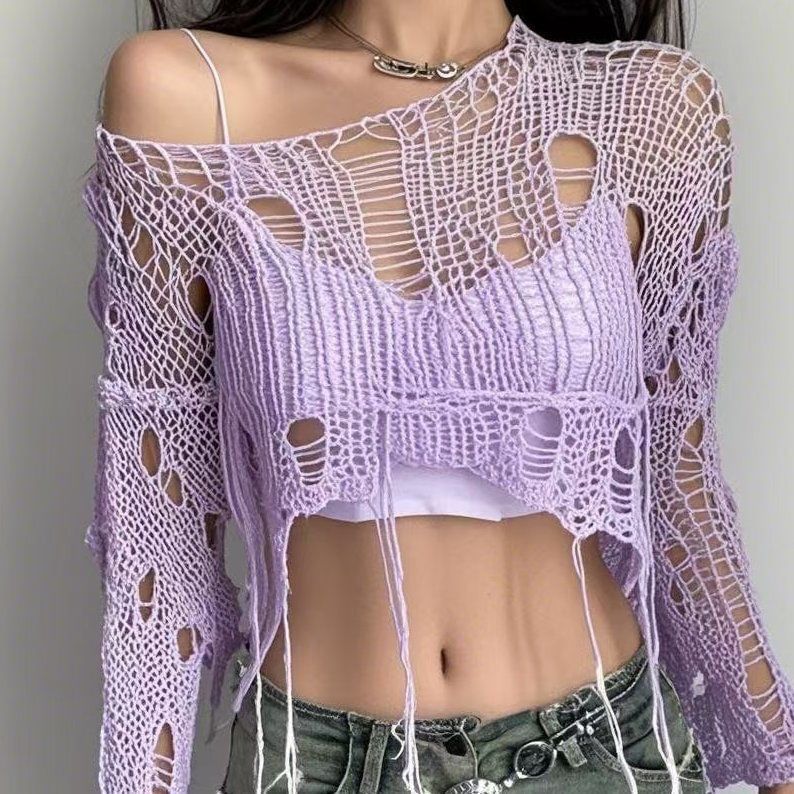 Distressed Knit Crop Top with One-Shoulder Sleeve
