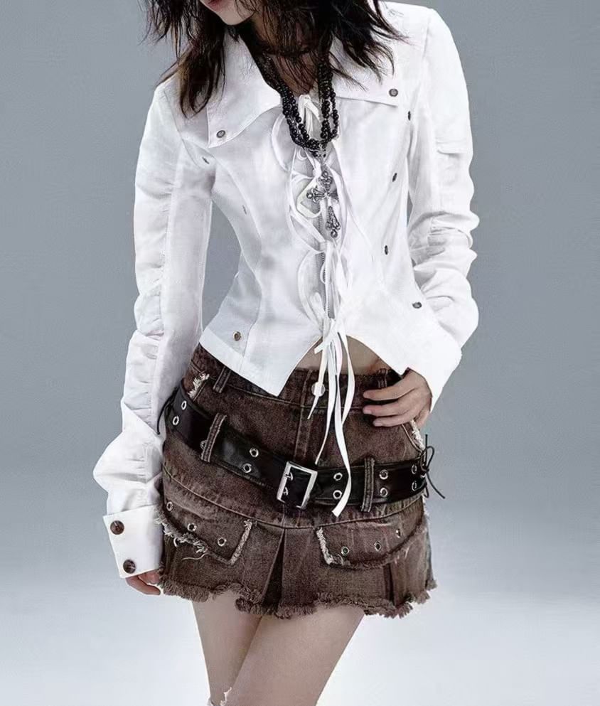 Grommet Tie-Front Collared Blouse with Sleeves