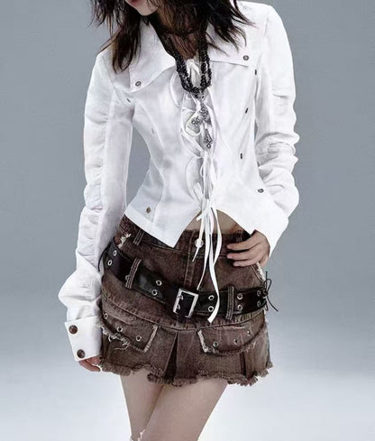 Grommet Tie-Front Collared Blouse with Sleeves