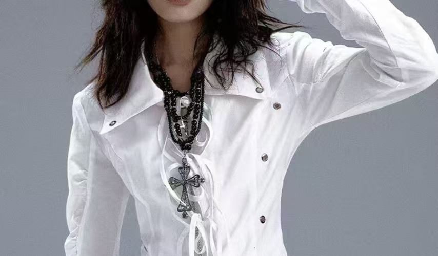 Grommet Tie-Front Collared Blouse with Sleeves