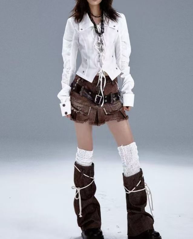 Grommet Tie-Front Collared Blouse with Sleeves