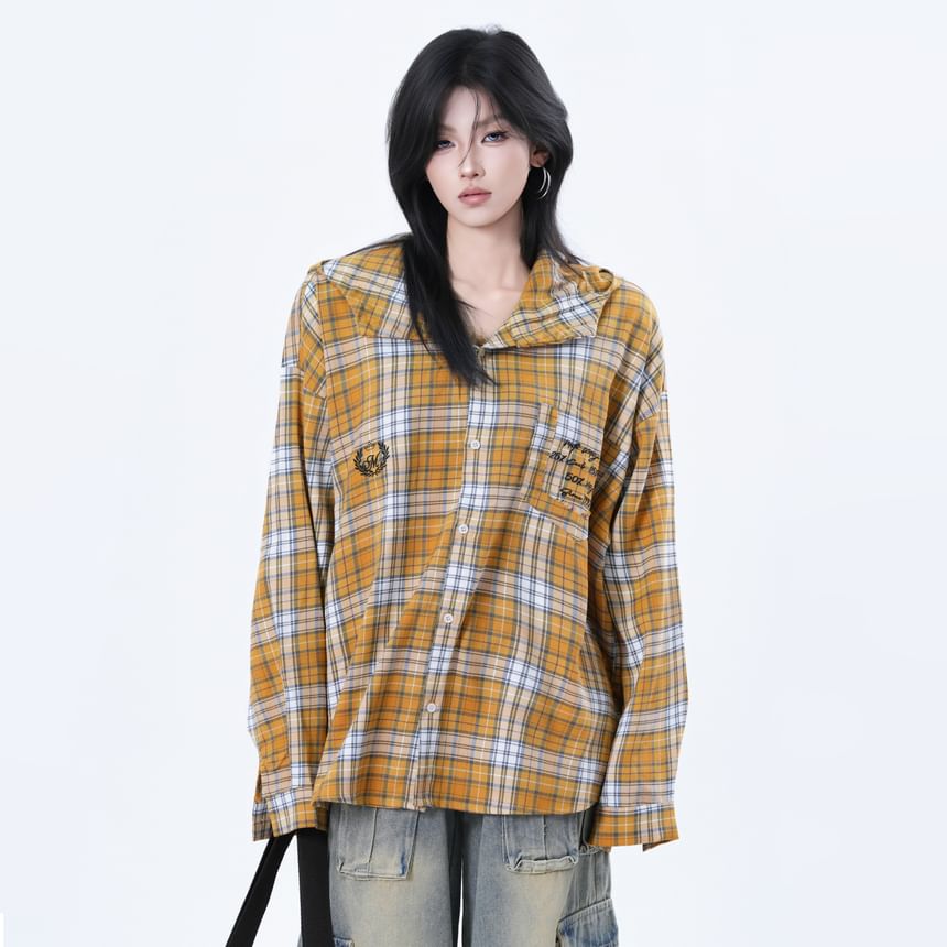 Hooded Plaid Button-Up Shirt with Long Sleeves