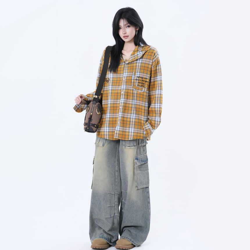 Hooded Plaid Button-Up Shirt with Long Sleeves