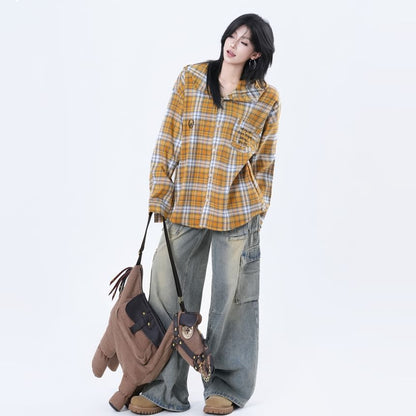 Hooded Plaid Button-Up Shirt with Long Sleeves