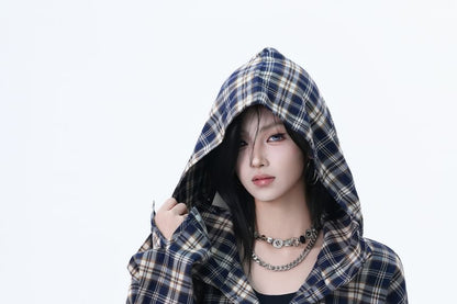Hooded Plaid Button-Up Shirt with Long Sleeves